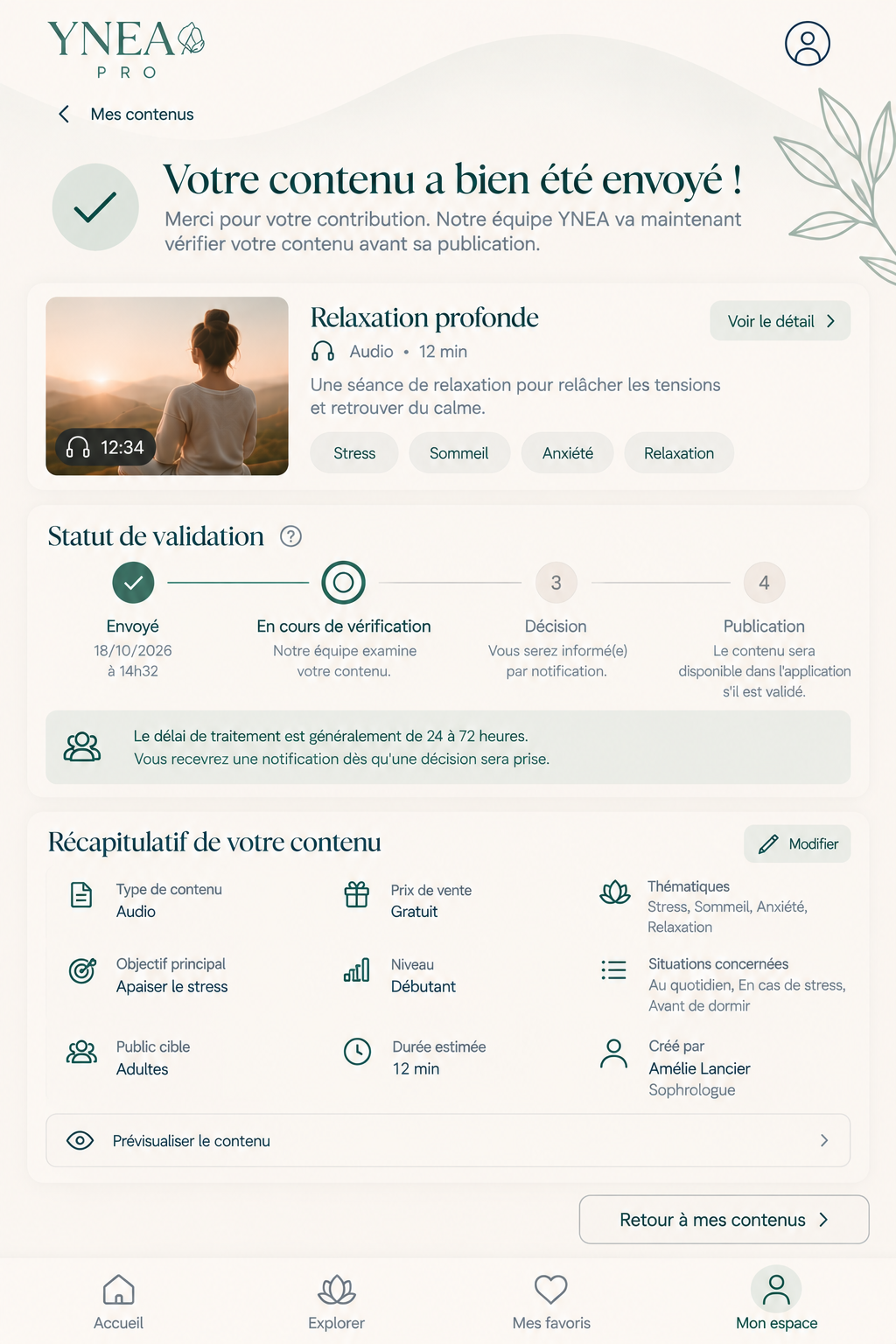 Contenu envoyé à YNEA